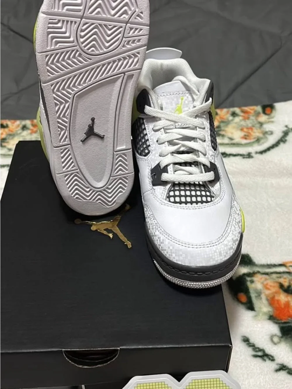 Jordan Retro 4 Kids' White, Black and Neon Yellow Basketball Sneakers